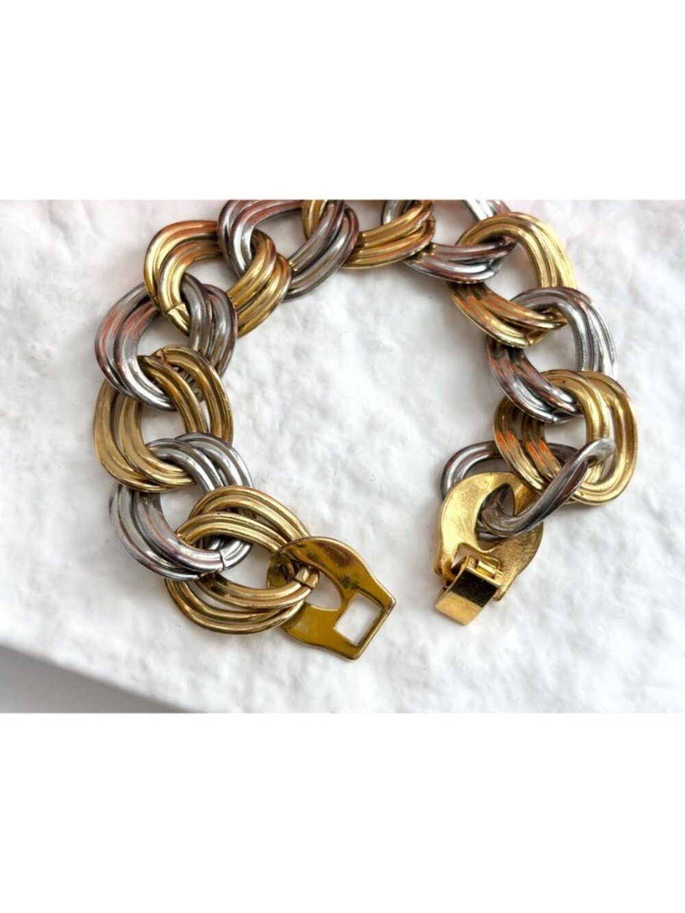 Dual Gold & Silver Double Strung Chunky Vintage 80's Style Bracelet - Picture 13 of 16